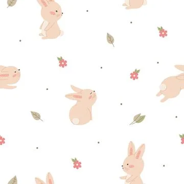 Seamless pattern with minimalistic childish bunny flowers. Cute vector Stock Illustration