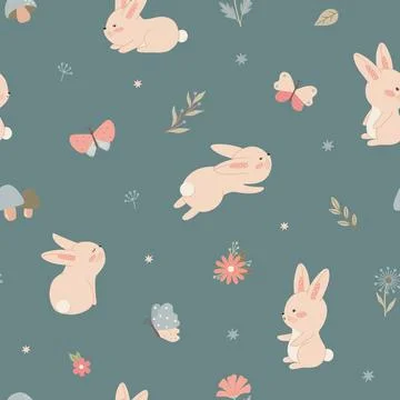 Seamless pattern with minimalistic childish bunny flowers. Cute vector Stock Illustration
