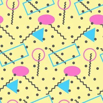 Seamless pattern in minimalistic geometric style. Pink, blue, yellow and black c Stock Illustration