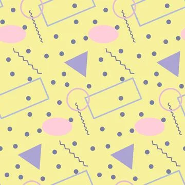 Seamless pattern in minimalistic geometric style. Pink, blue, yellow and black c Stock Illustration