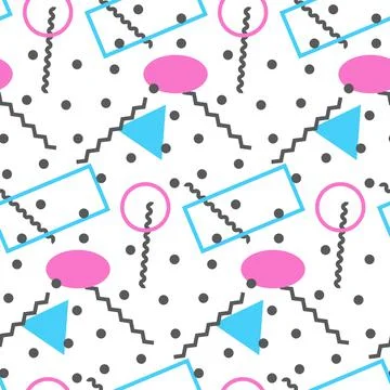 Seamless pattern in minimalistic geometric style. Pink, blue, yellow and black c Stock Illustration