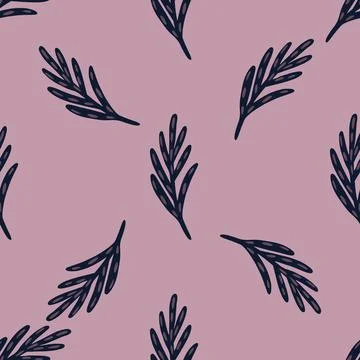Seamless pattern in minimalistic style with dark leaf twigs shapes. Pastel pu Illustrazione stock