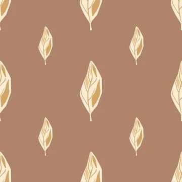Seamless pattern in minimalistic style with light leaf ornament. Beige backgr Stock Illustration