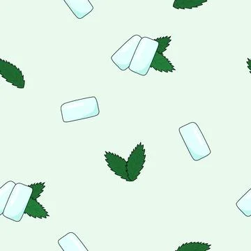 Seamless pattern with mint gum pads and fresh mint leaves, doodle style flat Stock Illustration