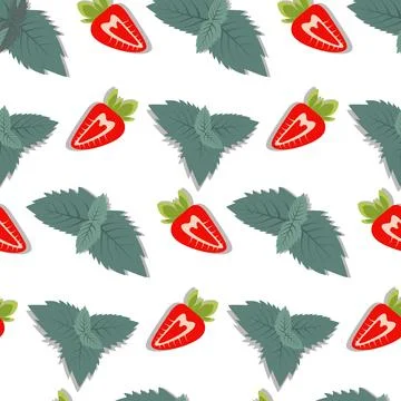 Seamless pattern with mint leaves and strawberry slices in trendy bright hues Stock Illustration