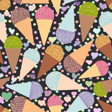 Seamless pattern with mint raspberry chocolate Ice cream waffle cone, pastel  Illustrazione stock