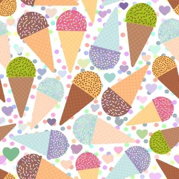 Seamless pattern with mint raspberry chocolate Ice cream waffle cone, pastel  Stock Illustration