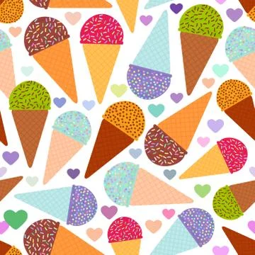 Seamless pattern with mint raspberry chocolate Ice cream waffle cone, pastel  Stock Illustration