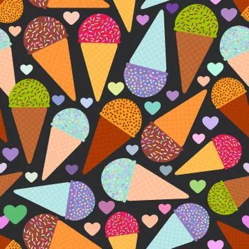 Seamless pattern with mint raspberry chocolate Ice cream waffle cone, pastel  Stock Illustration