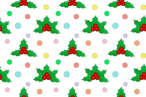 Seamless Pattern with Mistletoe and Colorful Circles on White Background Stock Illustration