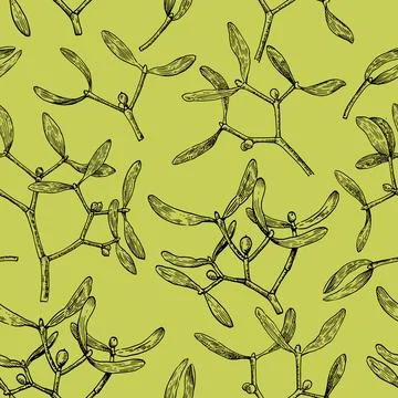 Seamless pattern with mistletoe branches. Monochrome vector illustration in.. Stock Illustration