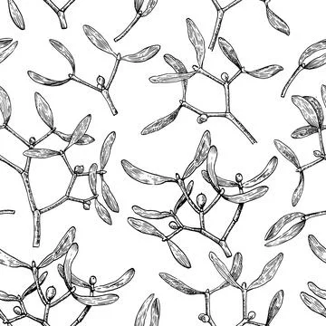 Seamless pattern with mistletoe branches. Monochrome vector illustration in.. Stock Illustration