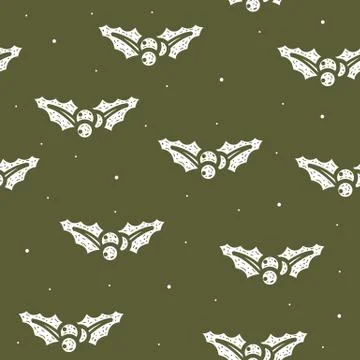 Seamless pattern of mistletoe Christmas in flat style on a green background. Stock Illustration