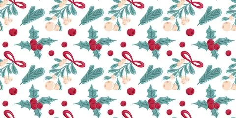 Seamless pattern of mistletoe, holly, and spruce branches. Perfect for vector Stock Illustration