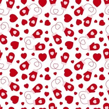 Seamless pattern from mittens and hearts on a white background. Stock Illustration