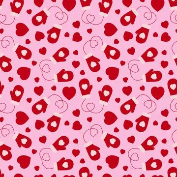 Seamless pattern of mittens and hearts on a pink background. Stock Illustration