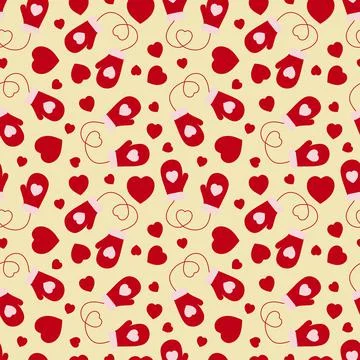 Seamless pattern of mittens and hearts on a yellow background. Stock Illustration