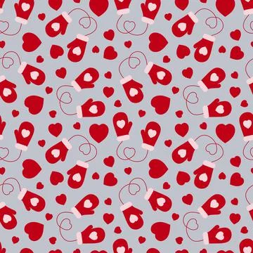 Seamless pattern of mittens and hearts on a gray background. Stock Illustration