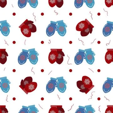Seamless pattern with mittens. Blue and red knits. Beautiful Christmas Stock Illustration