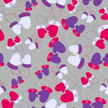 Seamless pattern of mittens on a gray background. Stock Illustration