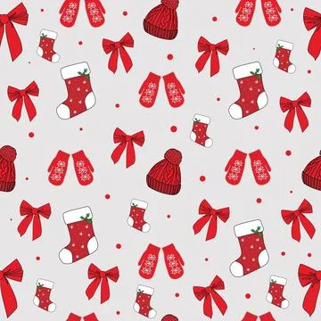 Seamless pattern with mittens, hats, bows and christmas socks on grey backgro Illustrazione stock