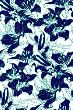 Seamless pattern with mix of silhouettes and contour of lilies flowers and Stock Illustration