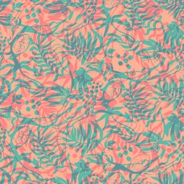 Seamless pattern with a mix of silhouettes of leaves of tropical fruits and palm Stock Illustration