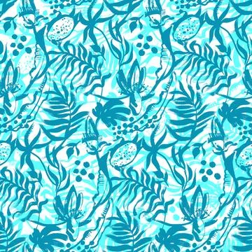 Seamless pattern with a mix of silhouettes of leaves of tropical fruits and palm Illustrazione stock
