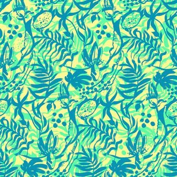 Seamless pattern with a mix of silhouettes of leaves of tropical fruits and Stock Illustration
