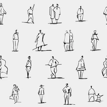 Seamless Pattern with Mixed Sketch People and Musicians Illustrazione stock