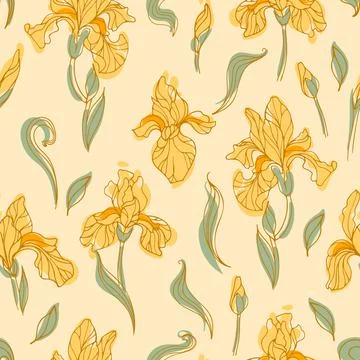 Seamless pattern of modern bright yellow iris flowers. Botanical warm hand drawn Illustrazione stock