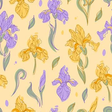 Seamless pattern of modern bright yellow and violet iris flowers. Botanical warm Stock Illustration