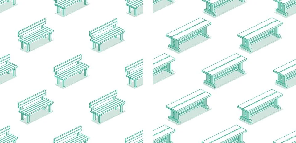 Seamless pattern with modern street bench. Isometric outline objects isolat.. Illustrazione stock