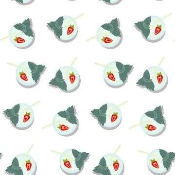 Seamless pattern of mojito cocktail with half a strawberry and mint leaves in Stock Illustration