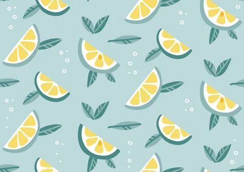 Seamless pattern with mojito cocktail with lime slices, and mint leaves. Summer Stock Illustration