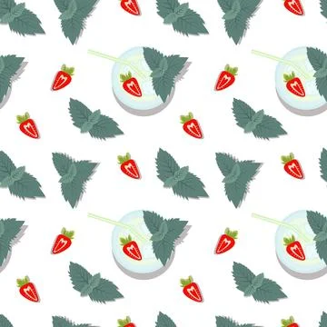 Seamless pattern of mojito cocktail with mint leaves in glass with straw and Illustrazione stock