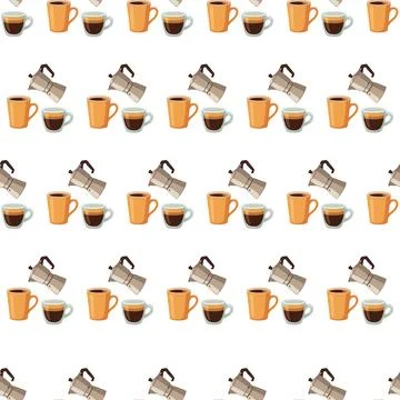 Seamless pattern with moka pots and coffee cups on white background. Stock Illustration