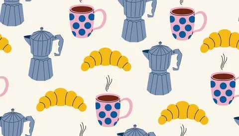 Seamless pattern with moka pots, croissants, and steaming coffee mugs in fl.. Stock Illustration