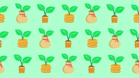 Seamless pattern of money coins and plants representing a green investment Stock Footage 334188493