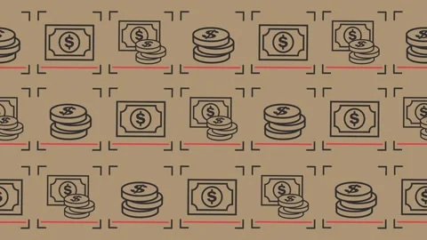 Seamless pattern of money scanning, paper bill cash, stack of gold dollar coins Stock Footage 345058296
