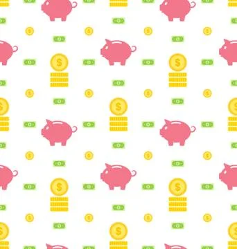 Seamless Pattern with Moneybox, Bank Notes, Coins, Flat Finance Icons Stock Illustration