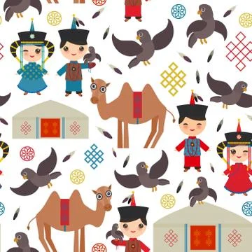 Seamless pattern Mongolian boy and girl national costume. Cartoon children in Stock Illustration