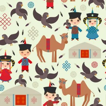 Seamless pattern Mongolian boy and girl national costume. Cartoon children in Stock Illustration