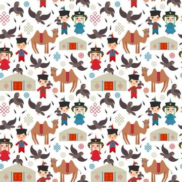 Seamless pattern Mongolian boy and girl national costume. Cartoon children in Stock Illustration