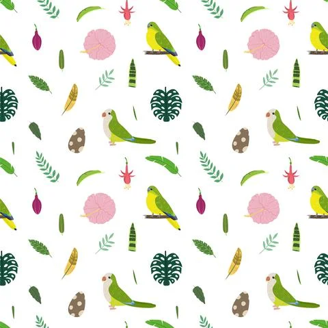 Seamless pattern with monk parakeet and grass parrot Neophema, tropical leaves 스톡 일러스트