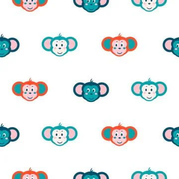 Seamless pattern with monkey on white background. Blue and red colors fun design イラスト素材