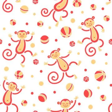 Seamless pattern with monkeys playing in balls. Vector illustration Stock Illustration