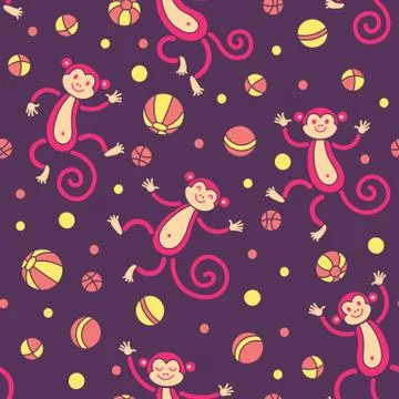Seamless pattern with monkeys playing in balls. Vector illustration Stock Illustration