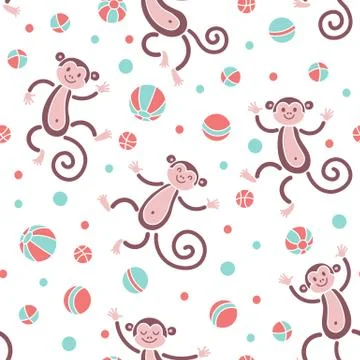 Seamless pattern with monkeys playing in balls. Vector illustration Stock Illustration