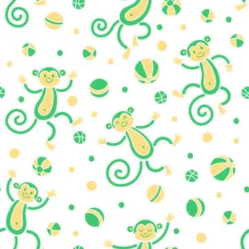 Seamless pattern with monkeys playing in balls. Vector illustration Stock Illustration